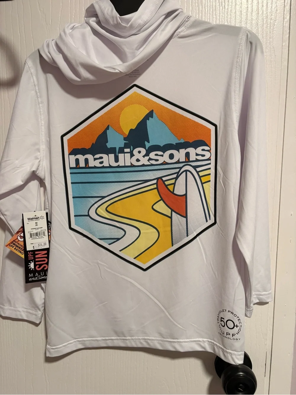 NWT Maui & Sons Sun/Rash Guard w Hood - White w Cool Print - size Medium